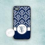 iPhone 4S personalized monogram case in navy blue damask cover