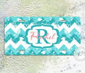 Turquoise floral chevron monogram license plate personalized car tag Dusk blue chevron 